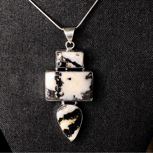Zebra Stripe Jasper Sterling Silver Pendant on Snake Chain Necklace 20” Long - Picture 3 of 8